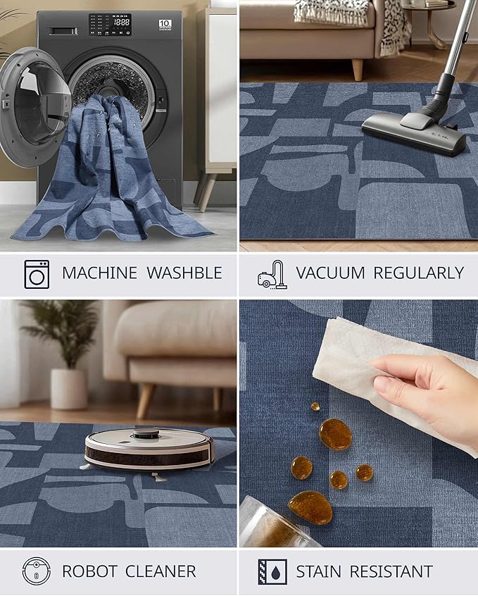 Latte&Fog 6x9 Area Rugs for Living Room Bedroom, Modern Abstract Washable Rug, Boho Non Slip Low Pile Carpet for Indoor Dining Room, Dorm, Classroom, College Dorm, Farmhouse and Kids Room - Navy Blue