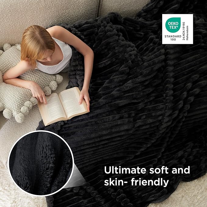 Bedsure GentleSoft Blankets Queen Size for Bed - Cozy Soft Blankets for Women, Cute Large Fleece Throws for Girls, Black, 90x90 Inches