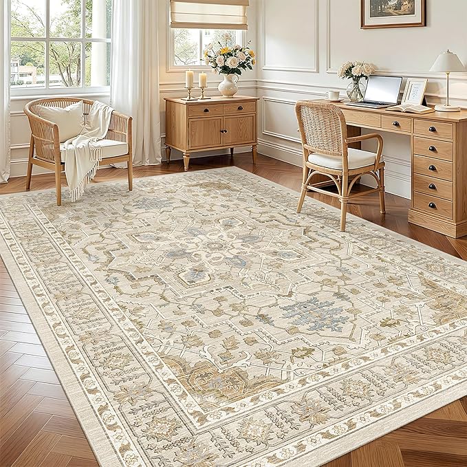 Madane 5x7 Area Rugs for Living Room, Stain Resistant Washable Rug, Non-Slip Backing Area Rug, Vintage Home Decor Rug for Bedroom (Beige/Blue, 5'x7')