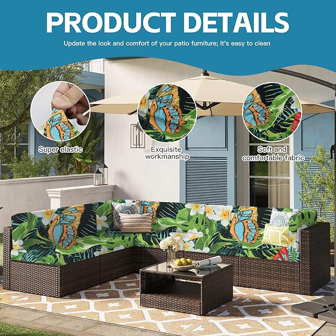 14Pcs Outdoor Cushion Covers, Patio Cushion Covers,Stretch Elastic Slipcovers, Replacement Washable & Reusable Furniture Protector for Patio Couch (Green and Lush,Cover Only)