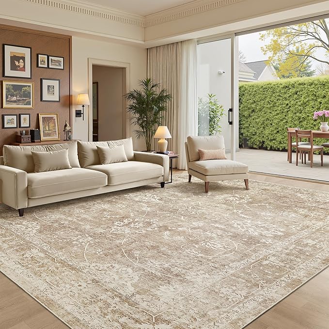 Madane 9x12 Area Rugs for Living Room, Machine Washable Rug with Non-Slip Backing, Soft Vintage Large Throw Rug, Floral Print Floor Neutral Carpet for Bedroom Dining Room (9 x 12, Beige/Brown)