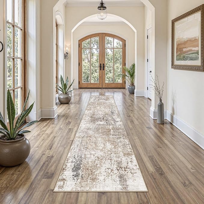 UERMEI 2X10 Washable Runner Rug for Hallway: Soft Neutral Modern Abstract Area Rug - Non-Slip Low Pile Long Throw Indoor Carpet for Kitchen Entryway Kitchen Bedroom Laundry Bathroom - Brown/Grey/Red
