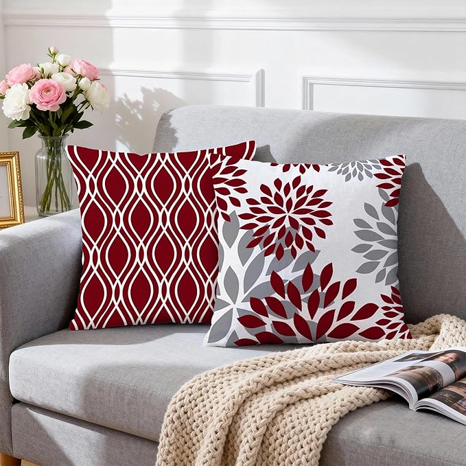 Hexagram Geometric Burgundy Pillow Covers 20x20 Set of 4, Decorative Outdoor Boho Modern Throw Pillow Covers, Home Sweet Home Farmhouse Cushion Case for Couch Sofa Bedroom Indoor Decor(No Insert)