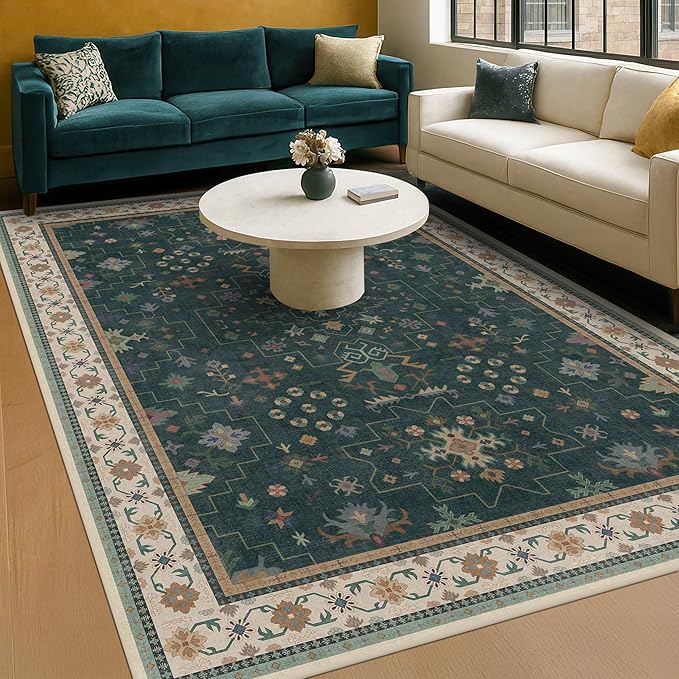 Hazo Haus Dark Green Oushak 5x7 Living Room Rug - Modern Vintage Boho Eclectic Floral Pastel, Washable Low Pile Non-Slip Large Area Rugs for Nursery Dining Under Table Bedroom Lounge