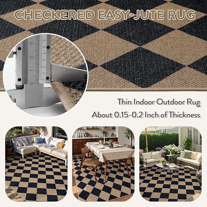 Lahome Colette Checkered Easy Jute Patio Rug, 6x9 Washable Indoor Outdoor Rug, Farmhouse Neutral Non Slip Non Shedding Low Pile Floor Carpet for Deck Living Dining Room Office Mudroom