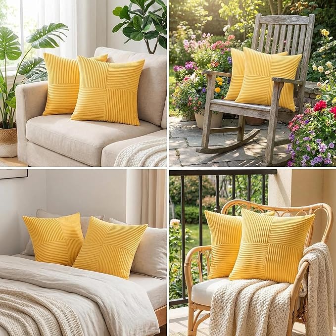 Fancy Homi 2 Packs Yellow Decorative Throw Pillow Covers 16x16 Inch for Living Room Couch Bed, Rustic Farmhouse Boho Home Decor, Soft Corss Patchwork Corduroy Textured Square Cushion Case 40x40 cm