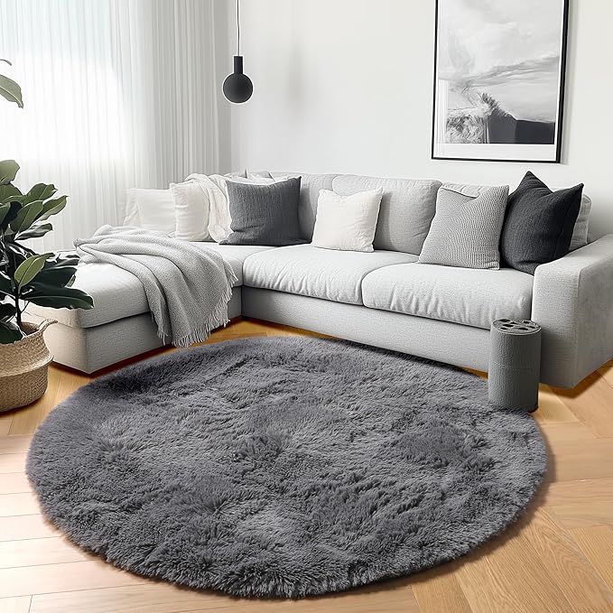 ONASAR Grey Round Rugs 8ft for Living Room, Fluffy Bedroom Circle Area Rug, Soft Plush Shaggy Carpet for Kids Girls Boys Teen Nursery Dorm Classroom Playroom Home Decor Aesthetic