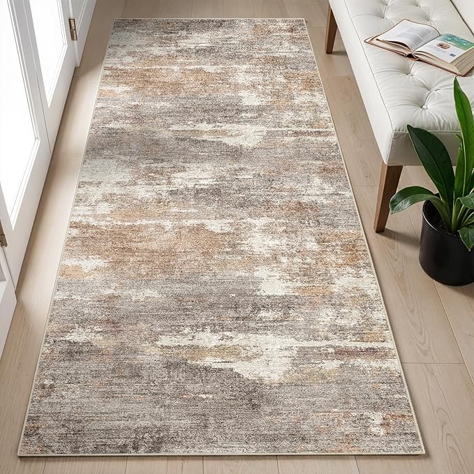 2x5 Washable Kitchen Runner Rug: Modern Abstract Runners for Hallway Soft Non Slip Rugs with Rubber Backing Low Pile Thin Floor Carpet for Entryway Bedroom Bathroom Bedside Indoor(Brown/Brick,2x5)