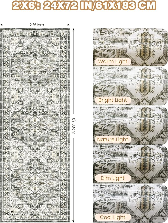 Runner Rug 2x6, Non Slip Washable Rugs for Laundry Room, Runners for Hallways, Low Pile Vintage Soft Rugs for Living Room, Kitchen Bathroom,Bedroom Rug(Grey/Beige,2'x6')