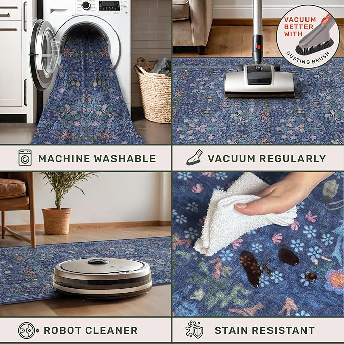 Hazo Haus Non Slip 2x6 Dark Blue Kitchen Runner Rug - Long Runner Rugs 24 x 72 Washable Hallway Floor Mat, Bedroom Laundry Room Bathroom Runner - Dusky Navy Vintage Floral Design Décor