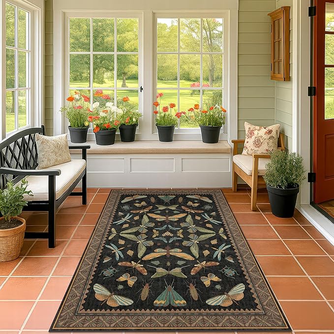 Insect Print Washable 4x6 Entryway Rug - Non-Slip Low Pile Area Rug for Large Kitchen, Bedroom, Office - Ultra Soft Aesthetic Decor, Black & Brown