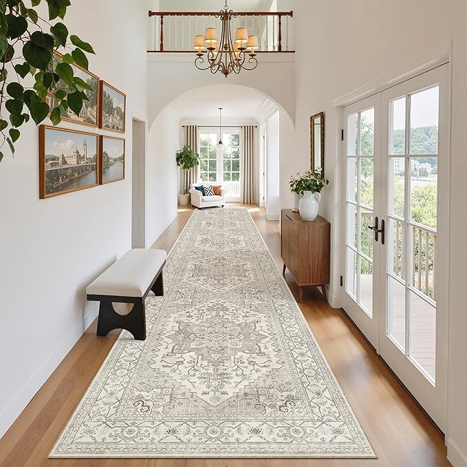 Madane Hallway Runner Rug 2'6''x14', Non Slip Vintage Runners for Hallways Washable Kitchen Rugs Soft Low Pile 2.5x14 ft Rug Runner for Laundry Room, Entryway and Bedroom, Beige/Brown