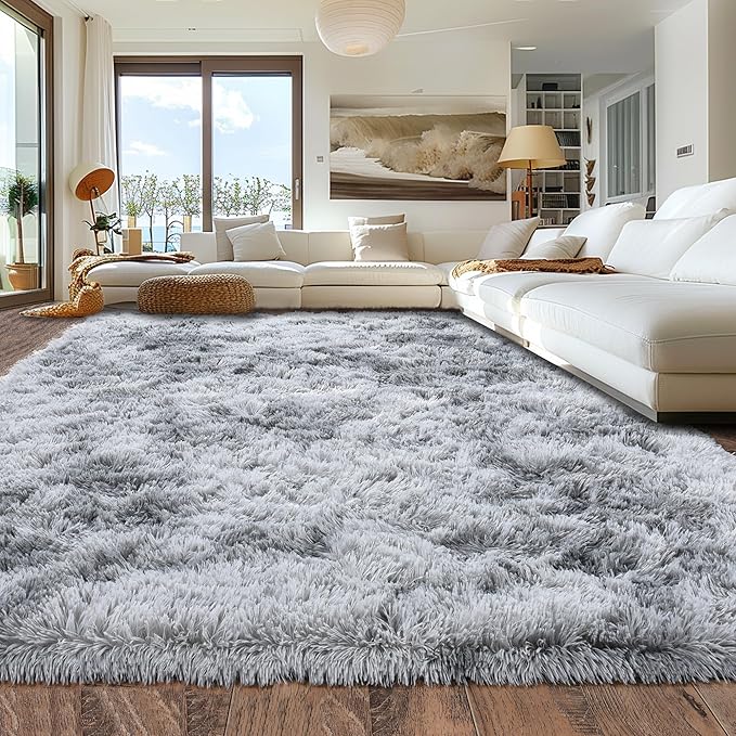 9x12 Area Rug for Living Room, Ultra Soft Large Shag Rug for Bedroom, Upgrade Non-Slip Plush Fluffy Carpet for Kids Boys Girls Room Home Decor Aesthetic, Light Grey