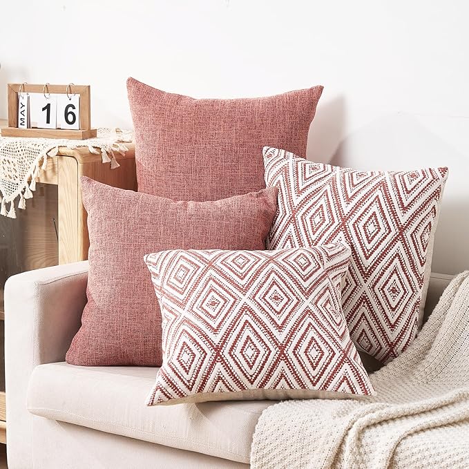 HPUK Decorative Throw Pillow Covers Set of 4 Geometric Design Linen Cushion Cover for Couch Sofa Living Room, 18"x18" inches, Coral