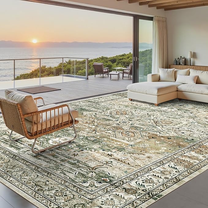 Soalmost Washable Area Rug 8x10, Large Soft Rugs for Living Room Farmhouse Vintage Area Rugs for Bedroom Dining Room Non-Slip Stain Resistant Under Table Rug Olive Beige