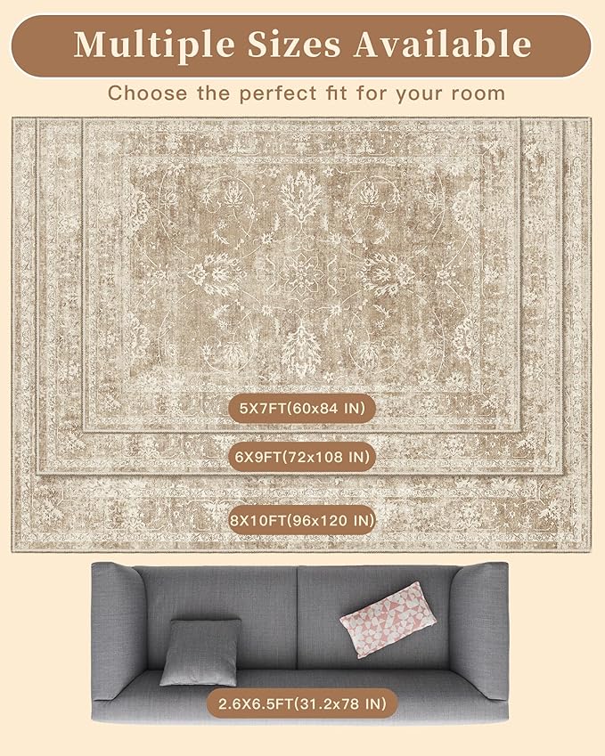 Madane Rug Runner for Hallways 2.5x8, Washable Kitchen Runner Rugs with Non Slip Backing, Soft Floral Print 2'6''x8 Carpet Runners for Laundry Room, Bedroom, Beige/Brown