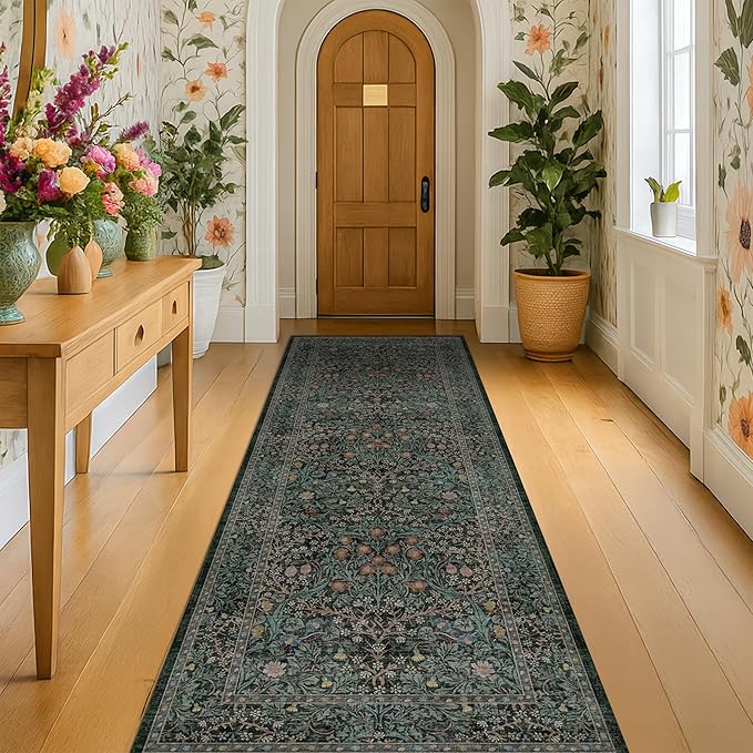Dark Green 2 x 8 Runners for Hallways, 8ft Long Floor Runner for Kitchen, Entryway Indoor, Washable Non Skid Rubber Backing Stain Resistant - Vintage Floral Décor