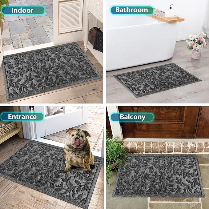 Bulijojo Sturdy Front Entrance Doormats,Durable Heavy Duty Welcome Mat,Thick Absorbent Natural Rubber Non Slip Mat,Easy Clean Entryway Mat 17x30 Inch Leaves Grey