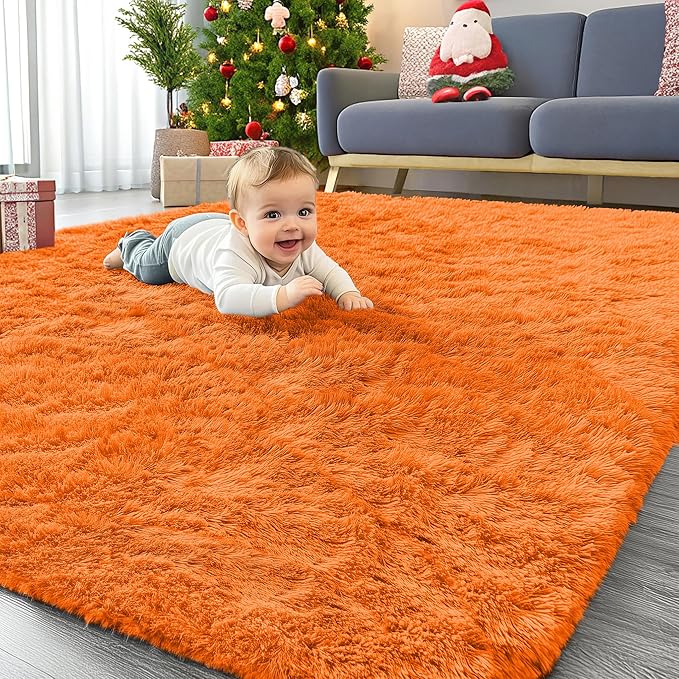 OLANLY Area Rugs for Living Room Bedroom, Machine Washable 4x5.9 ft Soft Fluffy Shaggy Bedside Rug, Indoor Floor Carpet for Kids Girls and Boys, Dorms, Nursery Rooms, Home Decor Aesthetic, Orange
