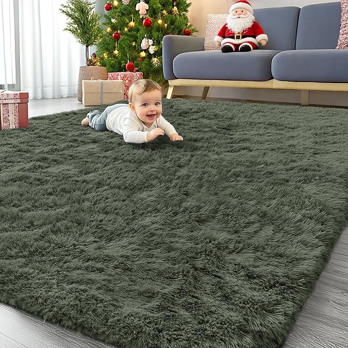 OLANLY 6x9 Machine Washable Large Area Rugs for Living Room, Bedroom, Soft Fluffy Shaggy Bedside Rug, Indoor Floor Carpet for Kids Girls and Boys, Dorms, Nursery, Home Decor Aesthetic, Olive Green