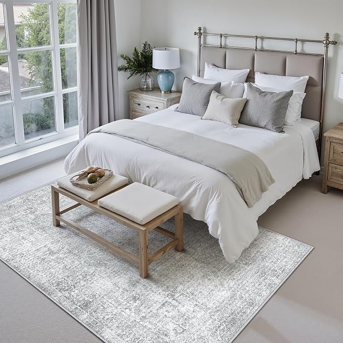 PureCozy 6x9 Area Rug Washable Vintage Living Room Carpet Large Indoor Non Slip Grey Bedroom Distressed Low Pile Retro Accent Throw Rug for Dining Room