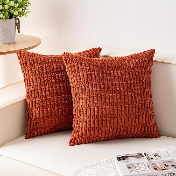 Pack of 2 Corduroy Decorative Throw Pillow Covers 22x22 Inch Soft Striped Pillow Covers Modern Farmhouse Home Decor for Sofa Living Room Couch Bed（Rust）