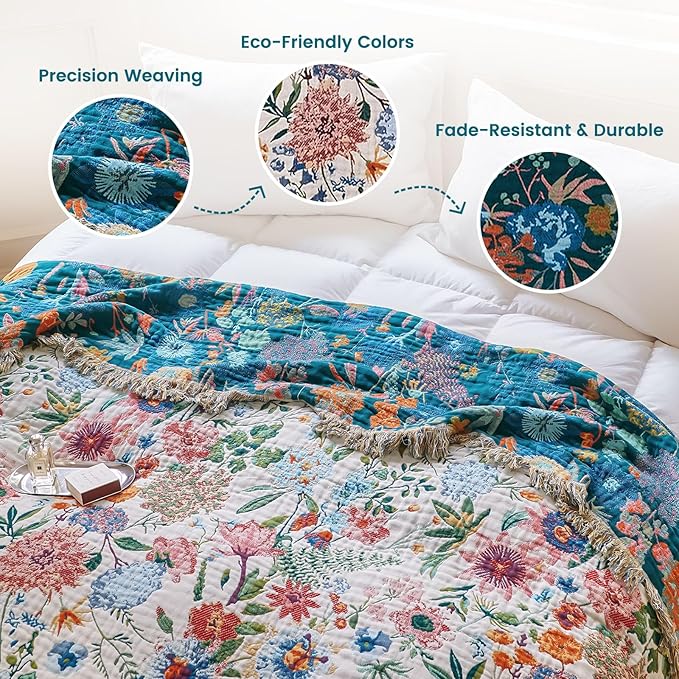 MSGKV Boho Throw Blanket 50"x60" Couch Floral 100% Cotton Blanket Spring Breathable Lightweight Farmhouse Blankets for Sofa Home Decor Muslin Guaze All Seasons