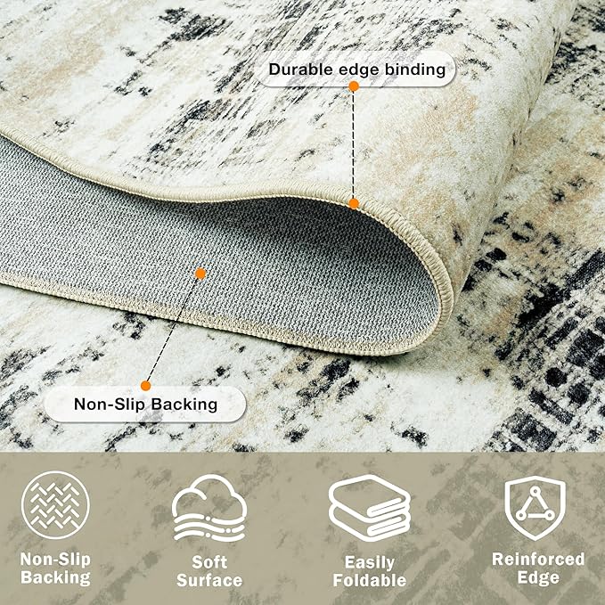 5x7 Area Rugs for Living Room Washable Rug: Anti-Skid Abstract Modern Living Room Rug Soft Thin Carpets Indoor Floor Non-Shedding Carpet for Bedroom Dining Farmhouse Nursery Black Gray Gold