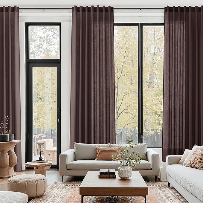 Coffee Brown Linen Curtains for Living Room 94 Inches Long Light Filtering Semi Sheer Curtain Back Tab Rod Pocket Luxury Modern Rustic Home Decor Neutral Drapes for Bedroom Dinner Room 52x94, 2 Panels