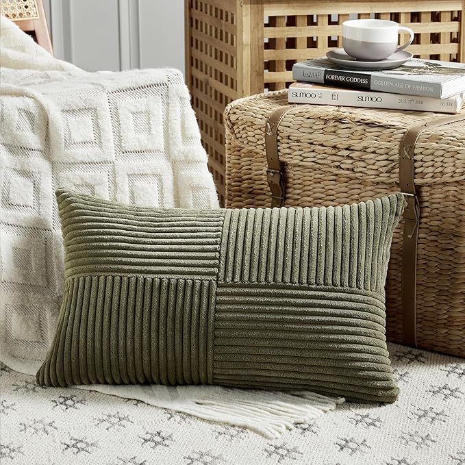 Fancy Homi 2 Packs Olive Green Lumbar Decorative Throw Pillow Covers 14x22 Inch for Living Room Couch Bed, Farmhouse Boho Home Decor, Soft Striped Corduroy Rectangle Accent Cushion Case 35x55 cm