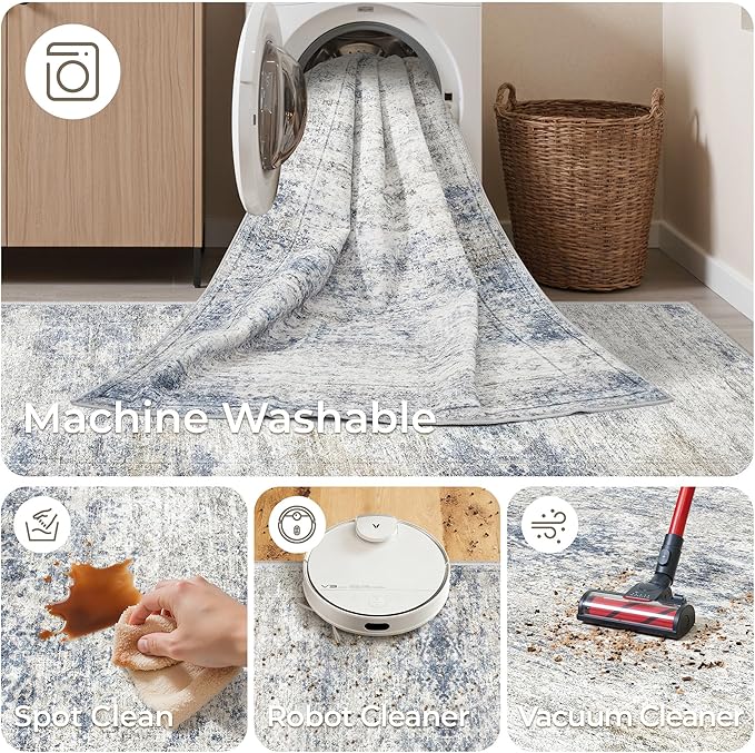 Long Rugs Runner - Washable Runner Rugs for Hallway 2x10, Ultra-Thin Soft Kitchen Carpet Runner, Anti Slip Backing Runner Rugs for Entrance, Bedroom, Living Room(2'x10', Blue/Brown/Ivory)