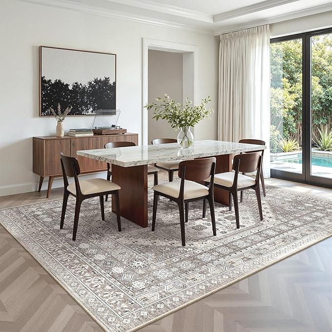 zesthome 7x9 Area Rug, Super Soft Washable Rugs for Living Room, Non-Slip Stain Resistant Vintage Rugs, Ultra-Thin Large Area Rugs (Brown/Beige,7'x9')