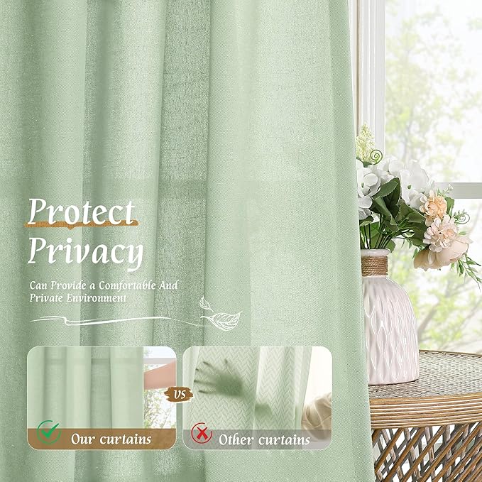 LAMIT 48 Inch Length Linen Curtains 2 Panels, Light Green Soft Faux Linen Light Filtering Panels Rod Pocket Boho Neutral Drapes for Short Windows/Cafe, 42 x 48 Inch