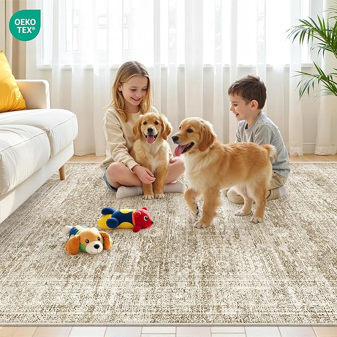 5x7 Area Rugs, Ultra-Thin Washable Rugs for Living Room, Anti-Slip Backing Area Rug for Bedroom, Soft Abstract Vintage Home Decor Rug for Dining Room(5'x7', Brown/Ivory)