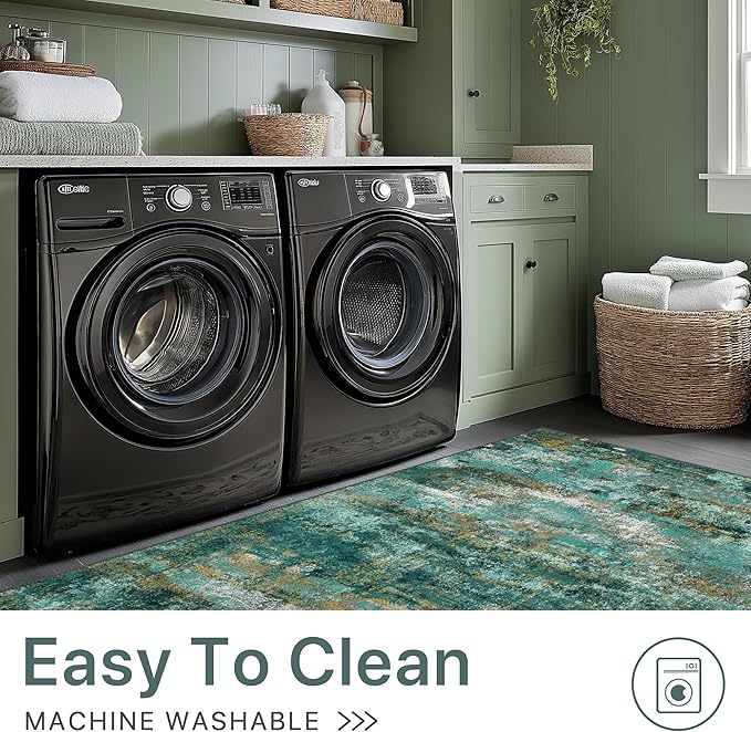 BEIMO Machine Washable Rug 8x10 Area Rugs for Living Room Bedroom, Large Turquoise Abstract Area Rug Soft Throw Rugs, Low-Pile Floor Carpet with Non Slip Rubber Backing