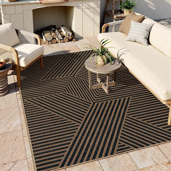 Lahome Enfys Modern Geometric Outdoor Easy Jute Rug, 5x7 Patio Living Room Rug Large Black Carpet for Bedroom, Farmhouse Washable Indoor Outdoor Carpet for Dining Room Backyard Deck