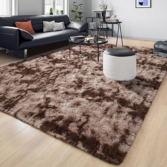 Tepook Fluffy Large Rugs for Living Room, Area Rug 6x9 Soft Carpet for Bedroom, Modern Shaggy Rug for Kids Boys Girls, Plush Indoor Nursery Home Decor Rug with Non-Slip Bottom, Tie-Dyed Coffee
