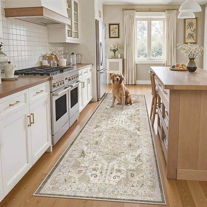 Madane Runner Rug 2'6''x8' Kitchen Runner, Hallway Runner Printed Vintage Washable Rugs Soft Non-Slip Low Pile Runners for Hallways Laundry Room Rug Distressed Rug, Ivory/Brown