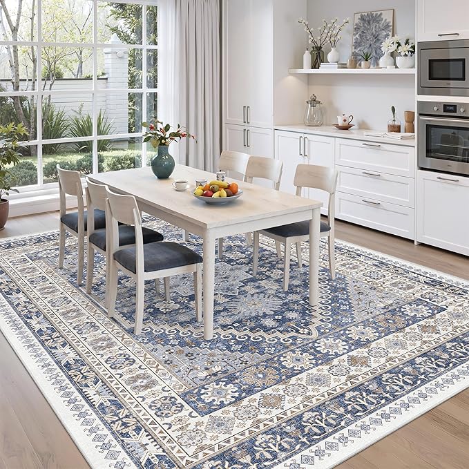zesthome 10x12 Area Rugs,Stain Resistant Washable Rug,Ultra-Thin Rugs for Living Room,Bedroom,Non-Slip Backing Home Decor Large Area Rug (Blue/Beige,10'x12')