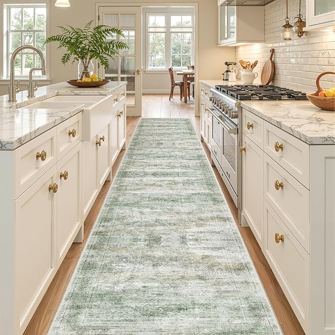 Long Hallway Runner Rug- Carpet Runners for Hallway 12ft, Anti Slip Backing Washable Rug Runner for Entrance, Living Room, Soft Low Pile Modern Rug Runner(2'x12', Green/Yellow/Ivory)