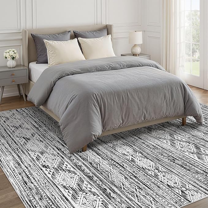 Nakagishi Area Rug Living Room Rugs: 7X9 Machine Washable Boho Large Neutral Farmhouse Stain Resistant Moroccan Indoor Floor Carpet for Bedroom Nursery Dorm Dining Room Home-White Black