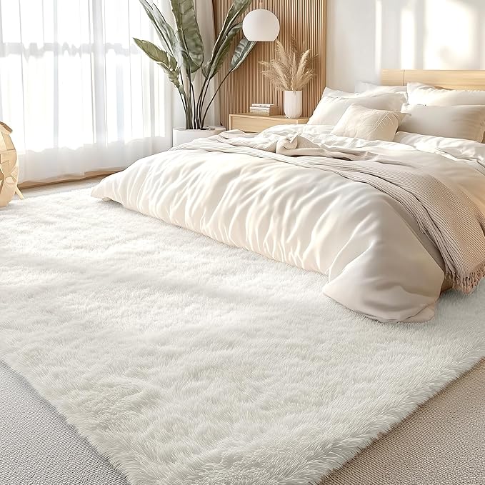 OLANLY 5x10 Machine Washable Large Area Rugs for Living Room, Bedroom, Soft Fluffy Shaggy Bedside Rug, Indoor Floor Carpet for Kids Girls and Boys, Dorms, Nursery, Home Decor Aesthetic, Ivory