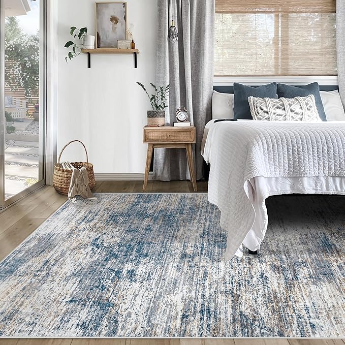 XLUEZ 5x7 Area Rugs for Living Room, Washable Modern Abstract Large Area Rug Neutral Soft Non Slip Kids Rug Stain Resistant Indoor Carpet for Bedroom Nursery Dining Room Playroom(BlueWhite, 5'x7')