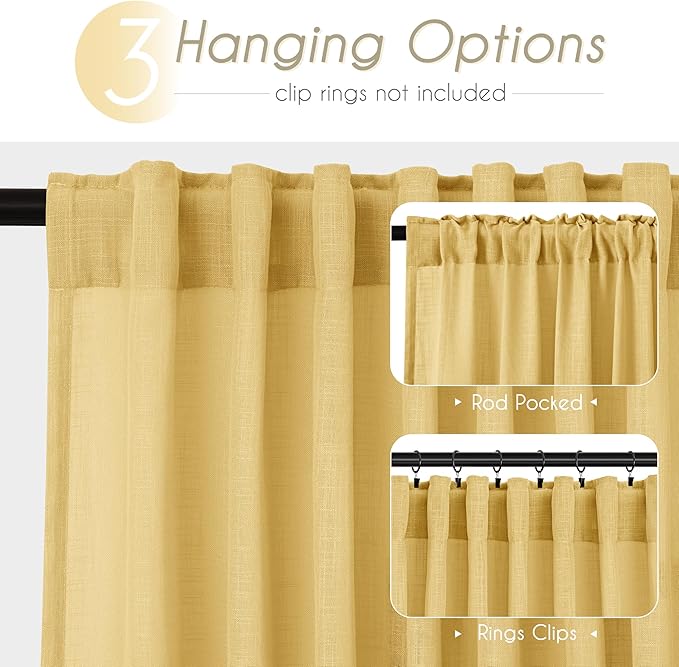 Gold Curtains for Living Room Back Tab Modern Farmhouse Semi Sheer Curtains 108 inches Long 2 Panels Set Muted Neutral Window Curtain for Dining Room Bedroom 52x108
