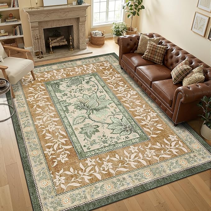 GarveeHome Terracotta Olive Sage Green 2x6 Washable Kitchen Runner Rugs Non Slip Provence Botanical Grove Vintage Boho Cottage Long Rug for Hallways Bedroom TPE Rubber Backing