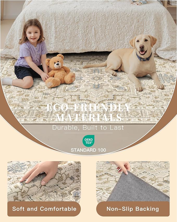 Madane Area Rug 3x5, Entryway Washable Vintage Runners Bedroom Non Slip Indoor Kitchen Runner for Living Room Laundry Room Playroom Soft Non-Slip Area Rugs, Beige/Blue
