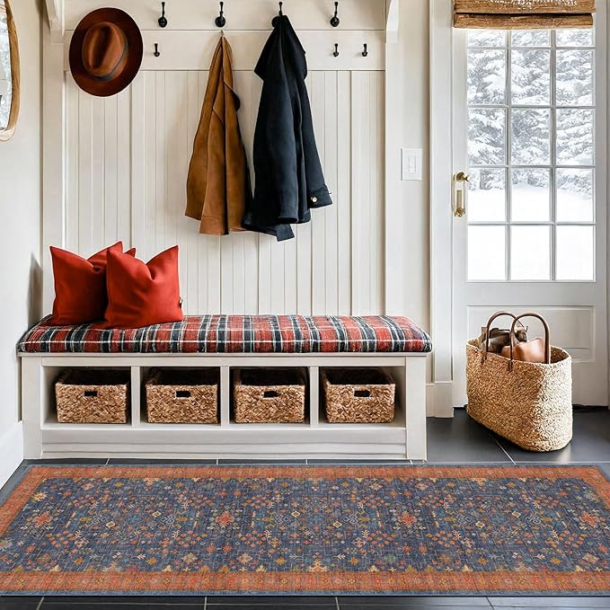 Washable 8 ft Long Runner for Kitchen Floor - Navy Blue Hallway Runner Rug, Pet Friendly Waterproof Non Slip with Rubber Backing, Stain Resistant Laundry Room Rug (2'6"x8' Navy Blue & Terracotta)
