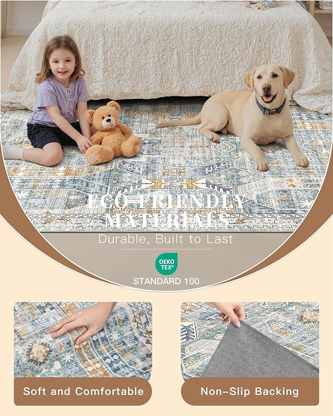 Madane Runner Rug 2'6''x8' Kitchen Runner, Hallway Runner Printed Vintage Washable Rugs Soft Non-Slip Low Pile Runners for Hallways Laundry Room Distressed Carpet, Blue/Gold