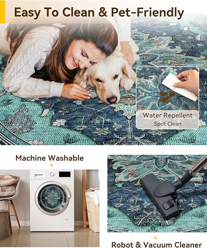 RELEANY Area Rugs 8ft Washable Non-Slip, Floral Vintage Distress Print Pattern Medallion Carpet for Living Room Bedroom Dining Room, Teal Green Lake Blue Turquoise