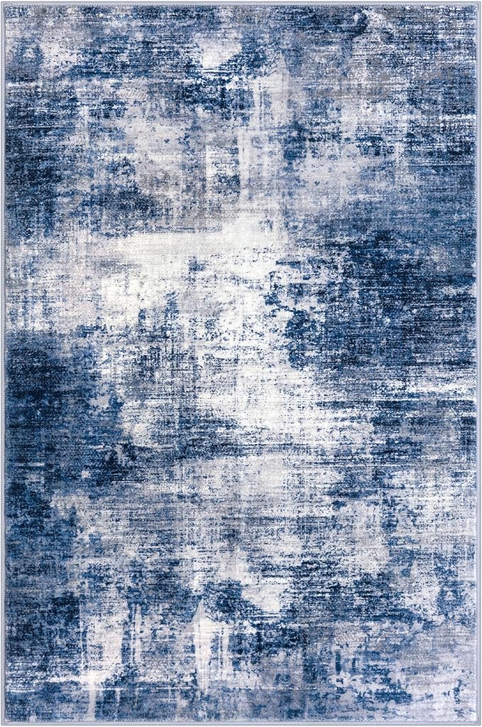 IOHOUZE Abstract Area Rugs 8x10 Ft Washable Large Rugs for Living Room, Non Slip Dining Room Rug, Printed Faux Wool Rugs for Bedroom, Floor Carpet for Office Nursery Playroom, Navy/Grey